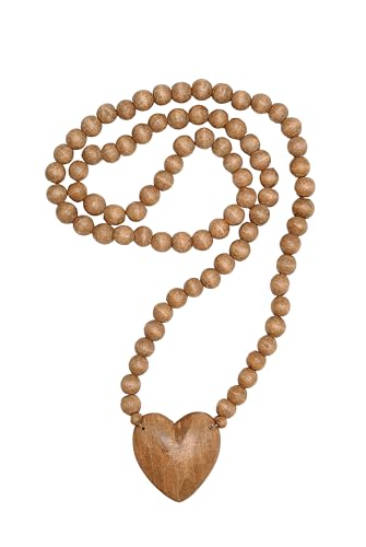 Creative Co-Op Hand‑Carved Mango Wood Rosary with Heart Pendant Natural Stained Finish