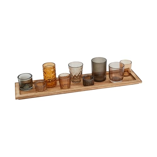 Creative Co-Op 9‑Piece Round Glass Votive Holders on Solid Paulownia Wood Tray Brown Rustic Finish