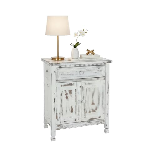 Alaterre Furniture Country Cottage Accent Cabinet with Drawer Adjustable Shelf & 2 Doors – Modern Farmhouse Sideboard Buffet Storage Cabinet for Living Room Dining Room or Entryway (White Antique)