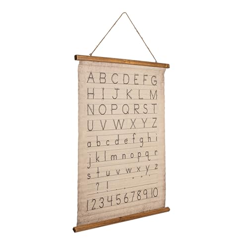 Creative Co-Op Canvas and Wood Scroll Wall Décor with Alphabet Numbers and Jute Hanger Multicolor