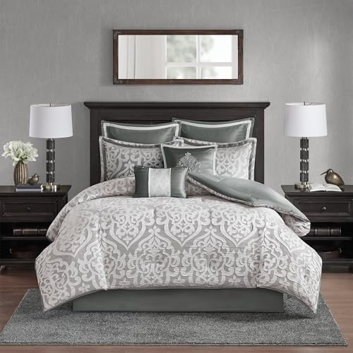 Madison Park Odette Cozy Comforter Set Jacquard Damask Medallion Design - Modern All Season Down Alternative Bedding Shams Decorative Pillows Queen(90 in x 90 in) Silver 8 Piece