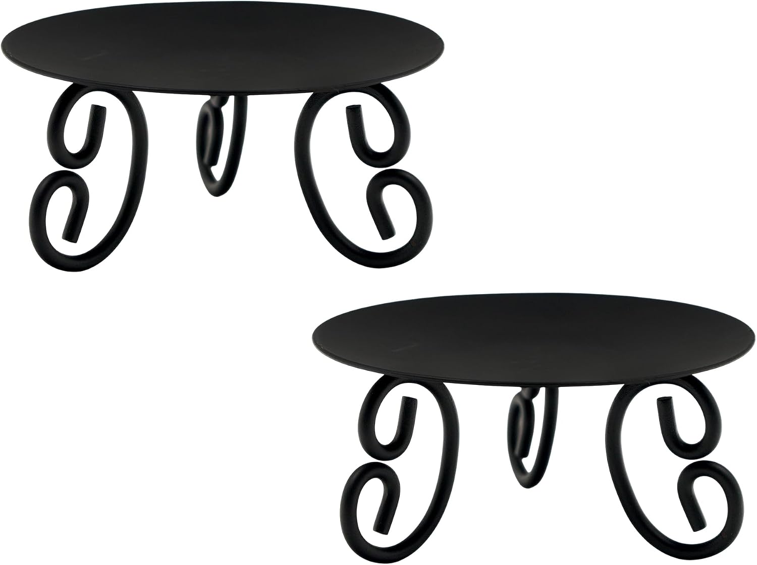 Hosley Set of 2 Black Iron Pillar Candle Holders - 5 Inch Heavy Duty Round Plate Stand with Scroll Feet for LED or Wax Candles - Rustic Farmhouse Table Centerpiece Decor for Wedding Spa Home Altar