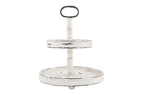Creative Co-Op Distressed Cream Wood 2-Tier Tray with Metal Handle