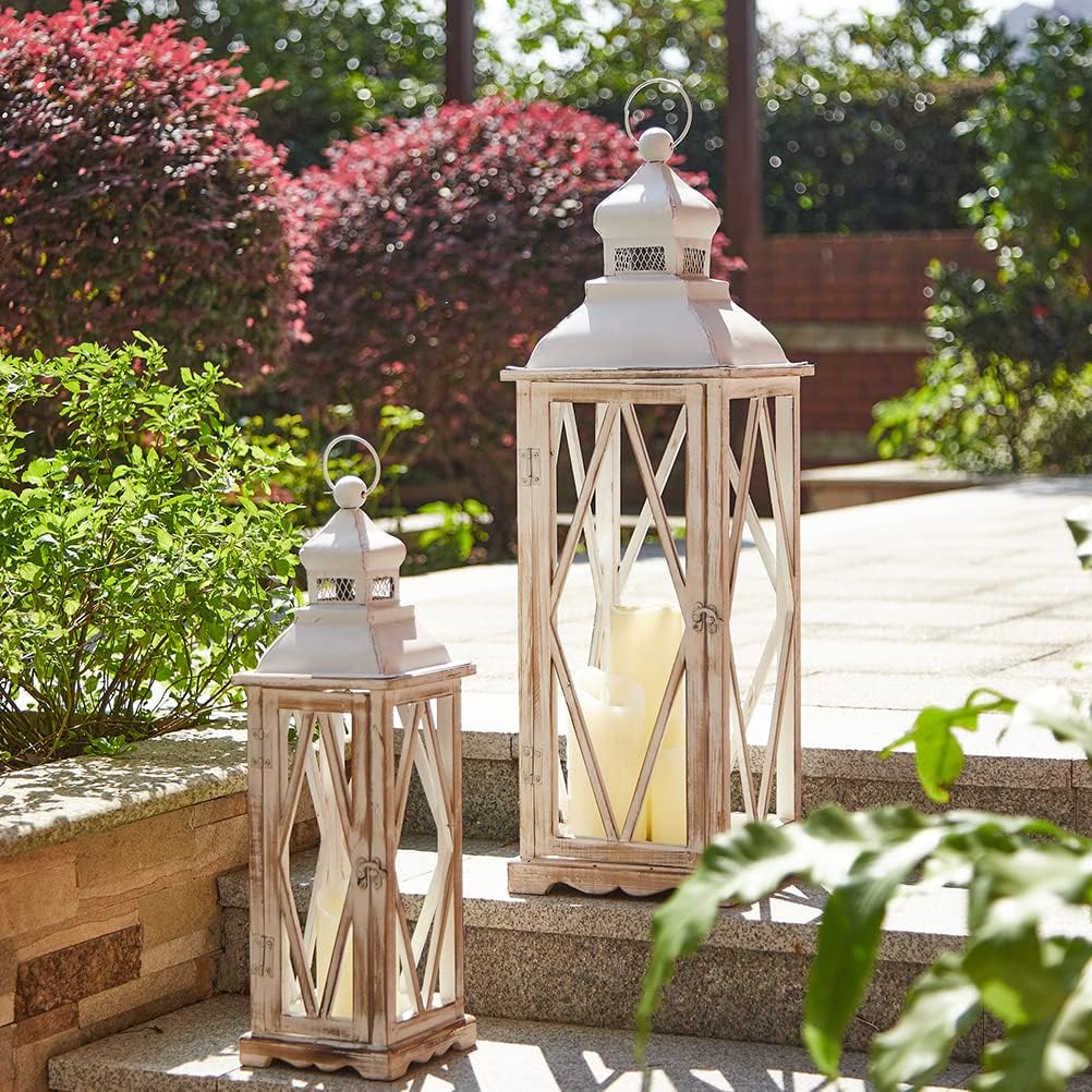 Glitzhome Lanterns Decorative Indoor Set of 2 Farmhouse Decorative Candle Lanterns Large Wooden Lanterns Decor Floor Candle Holder Lanterns Distressed Hanging Lanterns for Home Décor (No Glass)