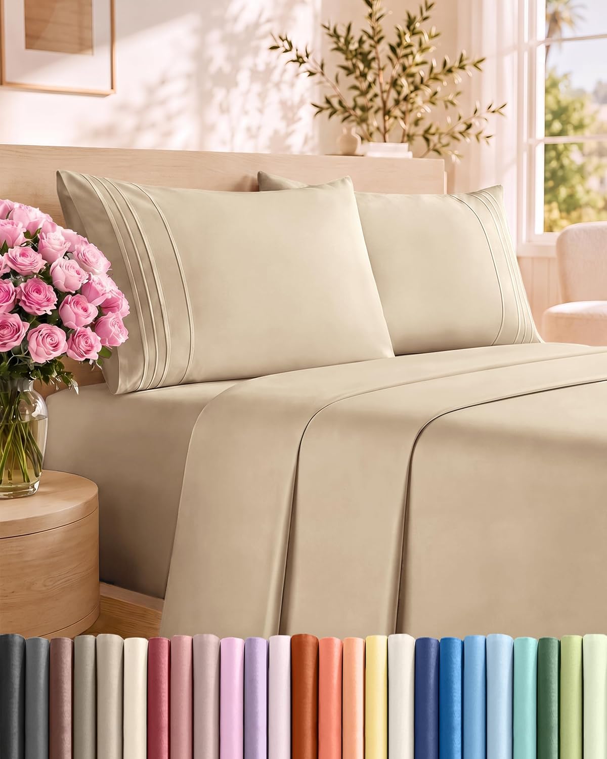 Cal King Size 4 Piece Sheet Set - Comfy Breathable & Cooling Sheets - Cream
