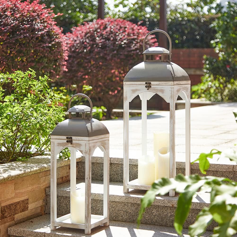 Glitzhome Lanterns Decorative Indoor 2 Pack Mondern Farmhouse Candle LanternsWooden Hanging Lanterns with Metal Top Floor Candle Lanterns for Home Décor Weddings Parties Holiday (No Glass)