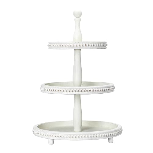 Creative Co-Op Round 3-Tier Decorative Wood Tray with Hobnail Edge White