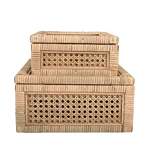 Creative Co-Op Modern Decorative Square Woven Rattan and Wood Display Boxes with Glass Top Set of 2 Sizes Natural Finish