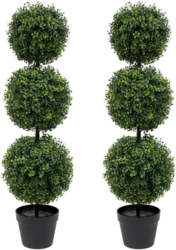 momoplant Artificial Topiary Ball Tree - 38 Inch Triple Topiaries Boxwood Greenery Plant 【 2 Pack 】 Outdoor Lifelike with Black Pot