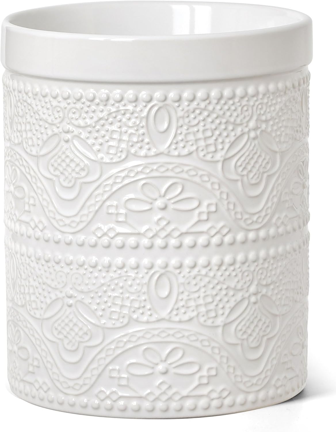 FUN ELEMENTS Kitchen Utensil Holder 7.2 Super Large Utensil Crock Heavy and Stable Lace Emboss Ceramic Utensil Holder for Kitchen Counter (Bright White)