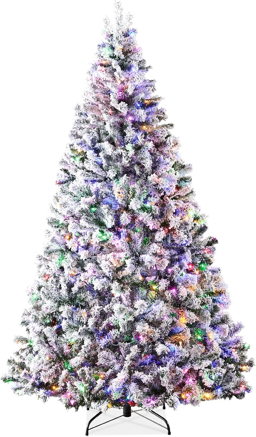 Best Choice Products Pre-Lit Artificial Christmas Tree 7.5ft Snow Flocked Pine Tree 2-in-1 White and Multicolor LED Lights Full Snowy Appearance