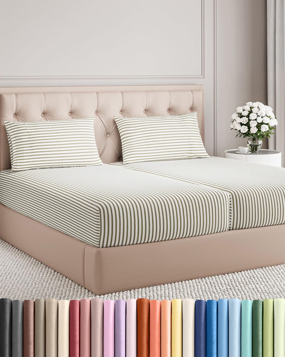 Split King Size 5 Piece Sheet Set - Breathable & Cooling - Beige Stripes