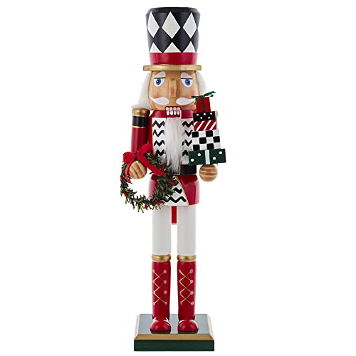 15-Inch Red White and Black Nutcracker with Gift Box and Wreath