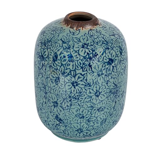 Creative Co-Op Decorative Round Terra-Cotta Vase with Floral Pattern with Distressed Finish Blue