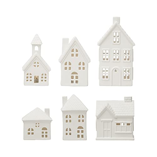 Creative Co-Op Stoneware Bisque Houses with LED Lights White Set of 6