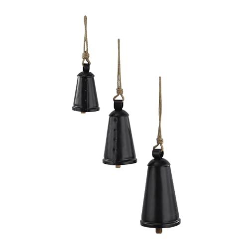 Deco 79 Black Metal Tibetan Inspired Decorative Cow Bells with Jute Hanging Rope Set of 3 129 6H - Narrow Cone