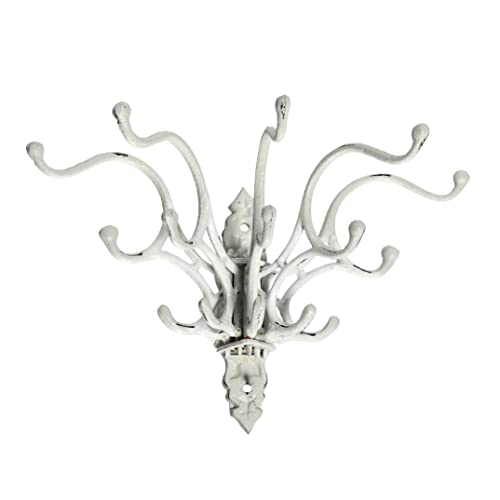 Creative Co-Op Antique Decorative Cast Iron Multi Hook Wall Hanger with 15 Hooks Distressed White