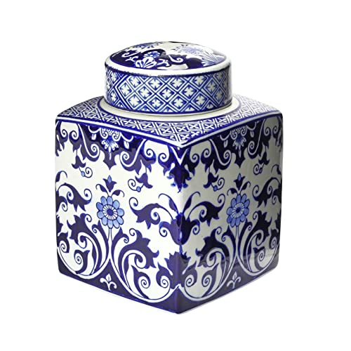 Creative Co-Op Decorative Square Ceramic Ginger Jar with Lid for Small Spaces Blue and White