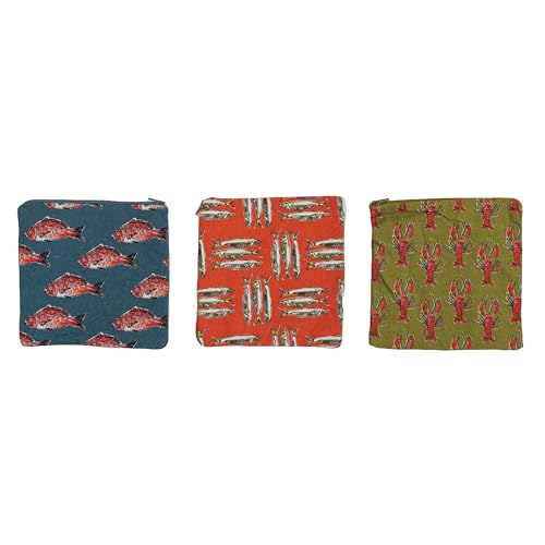 Creative Co-Op Cotton Zip Food Pouch with Sea Life Illustrations Set of 3 Styles Multicolor