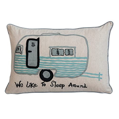 Creative Co-Op Cotton Lumbar Pillow Cover with Embroidered Camper Design and Message Multicolor