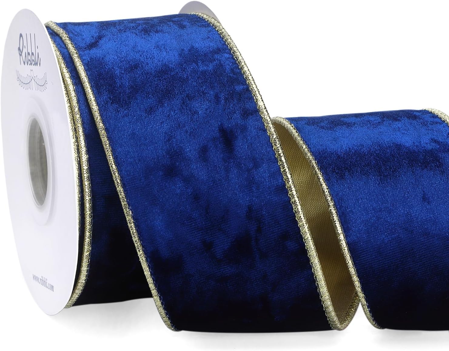 Ribbli Royal Blue Velvet Wired Ribbon 2.5 Inch Metallic Blue Gold Crushed Velvet Christmas Ribbon for Gift Wrapping Christmas Tree Decoration Crafts Wreaths Supplies-Continuous 10 Yards