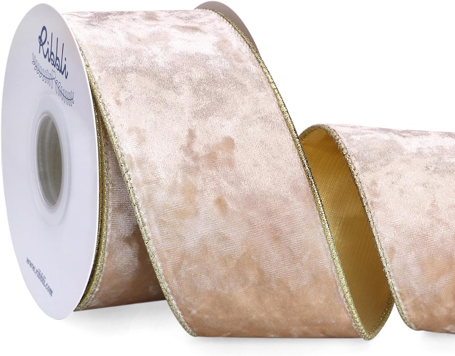 Ribbli Champagne Velvet Wired Ribbon 2.5 Inch Metallic Champagne Gold Crushed Velvet Christmas Ribbon for Gift Wrapping Christmas Tree Decoration Crafts Wreaths Supplies-Continuous 10 Yards