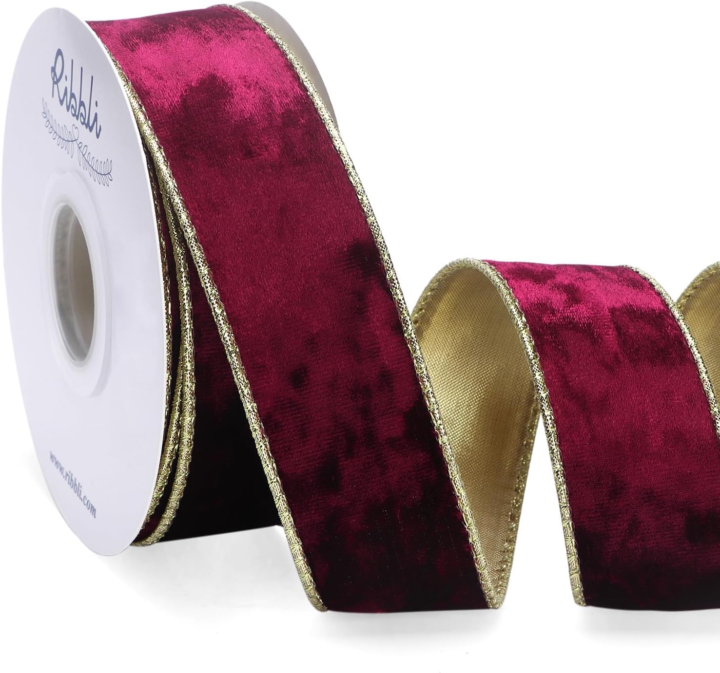 Ribbli Burgundy Velvet Wired Ribbon 1.5 Inch Metallic Burgundy Red Gold Crushed Velvet Christmas Ribbon for Gift Wrapping Christmas Tree Decoration Crafts Wreaths Supplies-Continuous 10 Yards