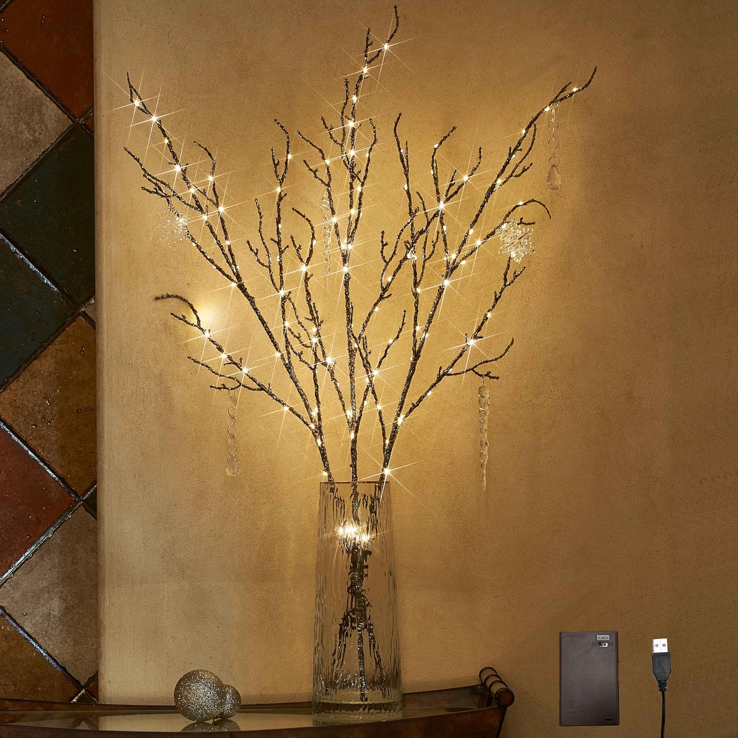 LITBLOOM Lighted Willow Branches Silver Glittered 32IN 120 LED with Timer Battery Operated and USB Plug in Tree Branch with Fairy Lights for Home Room Christmas Decoration