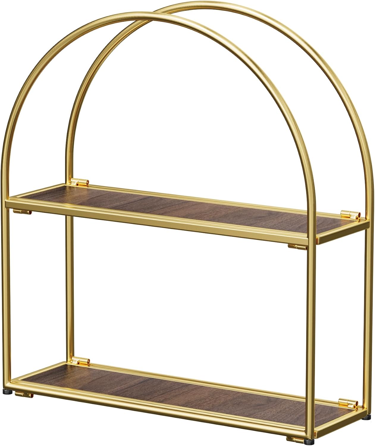 Crofy Gold Arched Frame Wall Shelf Decorative 2 Tier Bathroom Wall Shelf with Walnut Finish Shelves and Robust Storage Capacity 6 D x 17.9 W x 19.18 H