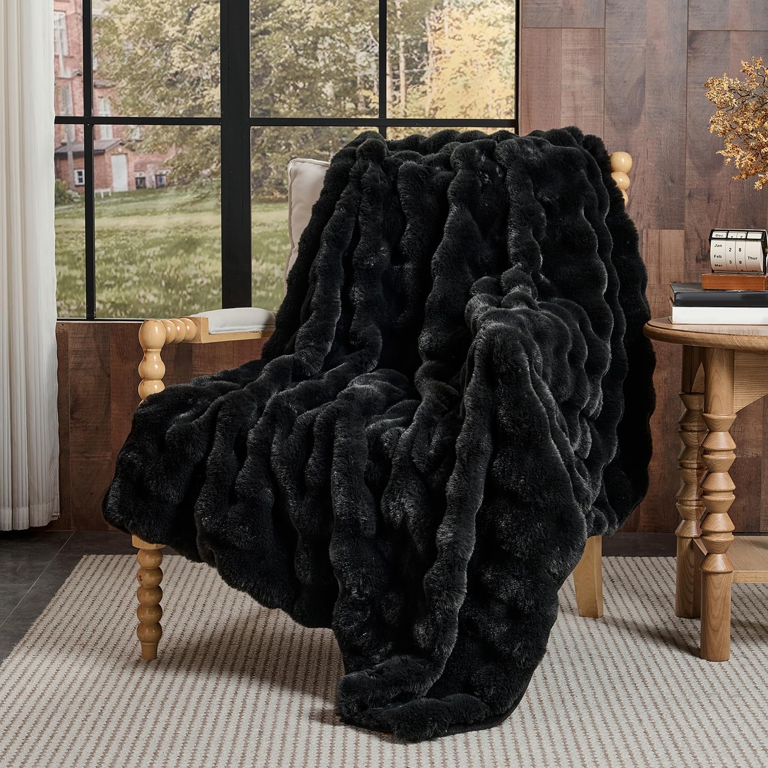 Lotus Karen Faux Fur Throw Blanket Black - Big Bubble Rabbit Fluff Blanket for Couch Small Fluffy Fuzzy Cozy Blanket Thick Furry Plush Shaggy Blankets 50x60 Inches