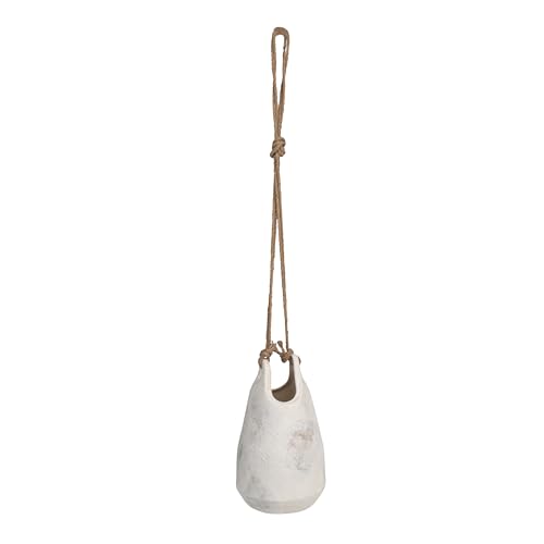 Creative Co-Op Large Stoneware Hanging Planter with Jute Rope Hanger and Distressed Volcano Finish White