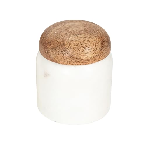 Creative Co-Op Marble and Mango Wood Pinch Pot with Lid White and Natural