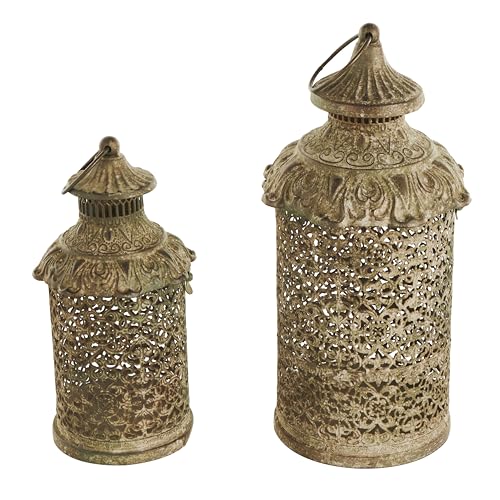 Deco 79 Metal Scroll Distressed Vintage Inspired Ornate Candle Lantern Set of 2 14 10 H Brown