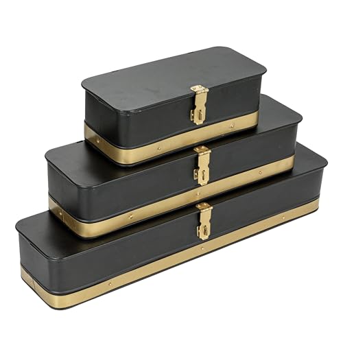 Creative Co-Op Decorative Metal Boxes with Lid Black with Gold Band Set of 3