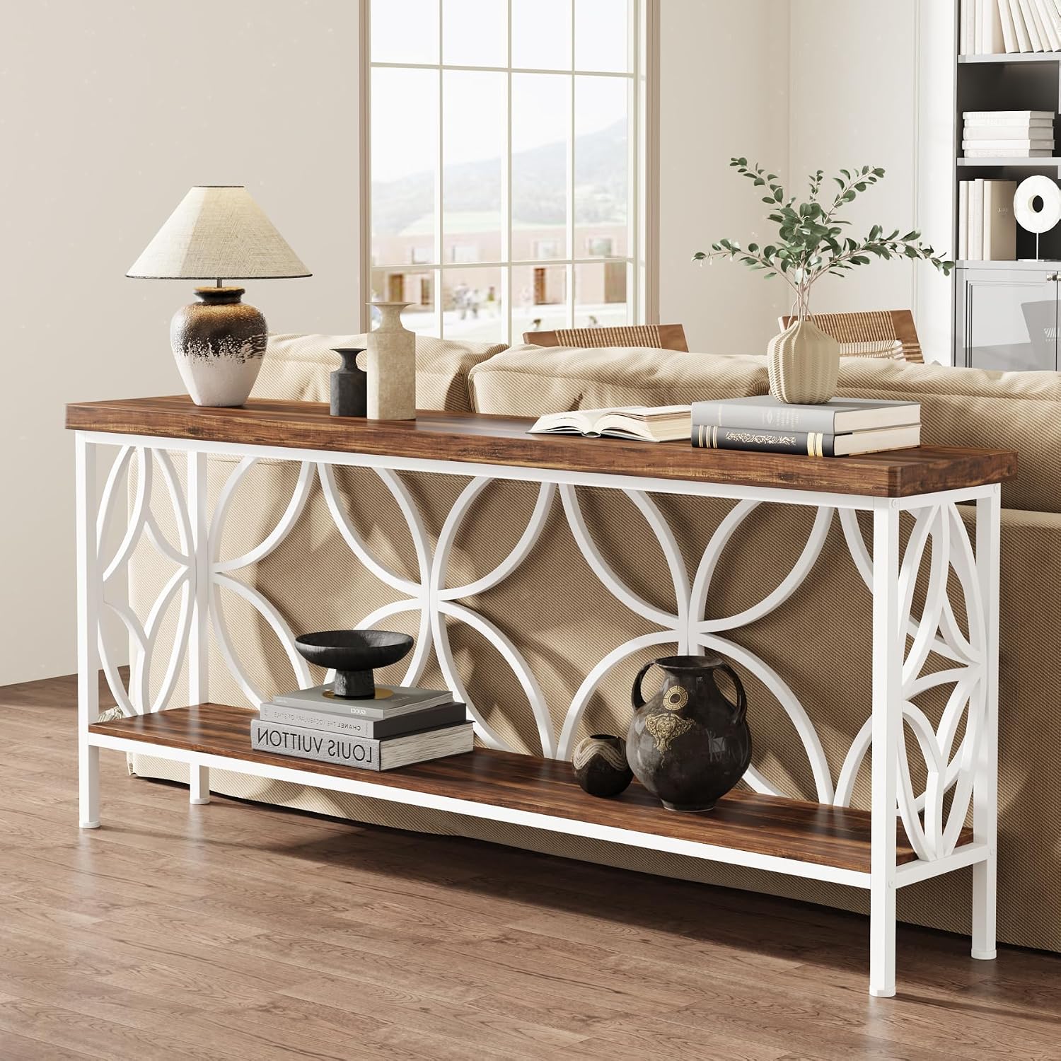 Tribesigns 70.9-Inch Narrow Sofa Table Industrial Long Sofa Table Behind Couch Entry Console Table with Storage for Entryway Living Room Foyer Unique Design Walnut/White