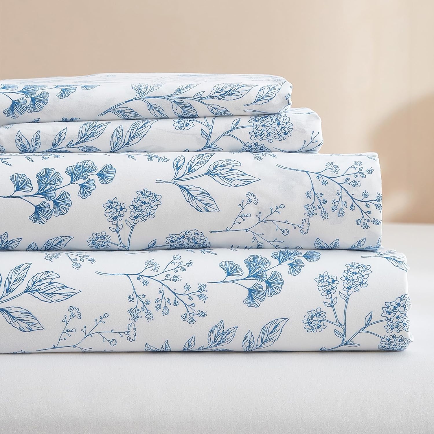 HighBuy Luxury Soft Queen Sheets Set White - Vintage Floral Sheet Set Cooling Bed Sheets Queen - 4 Piece Blue Floral Sheet Set - 16 Extra Deep PocketBreathable & Soft Sheets
