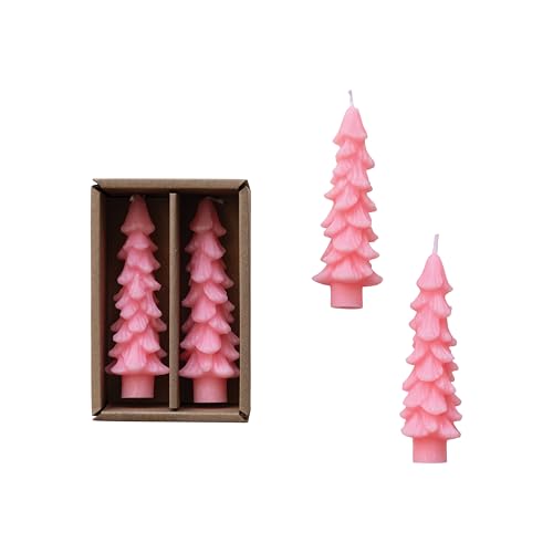 Creative Co-Op Unscented Textured Tree Shaped Taper Candles in Box Pink Set of 2
