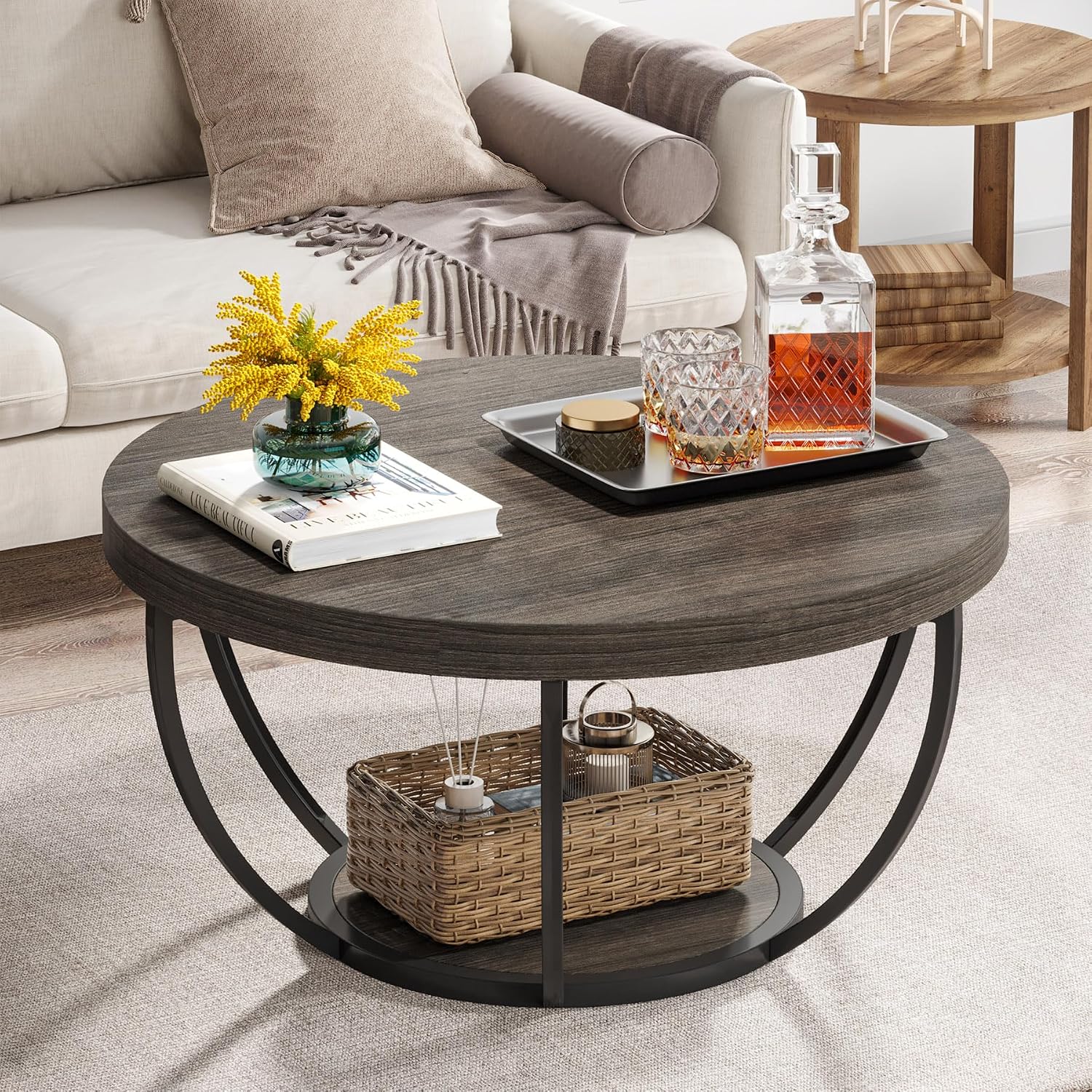 Tribesigns Round Coffee Table with Storage 31.7 Living Room Table