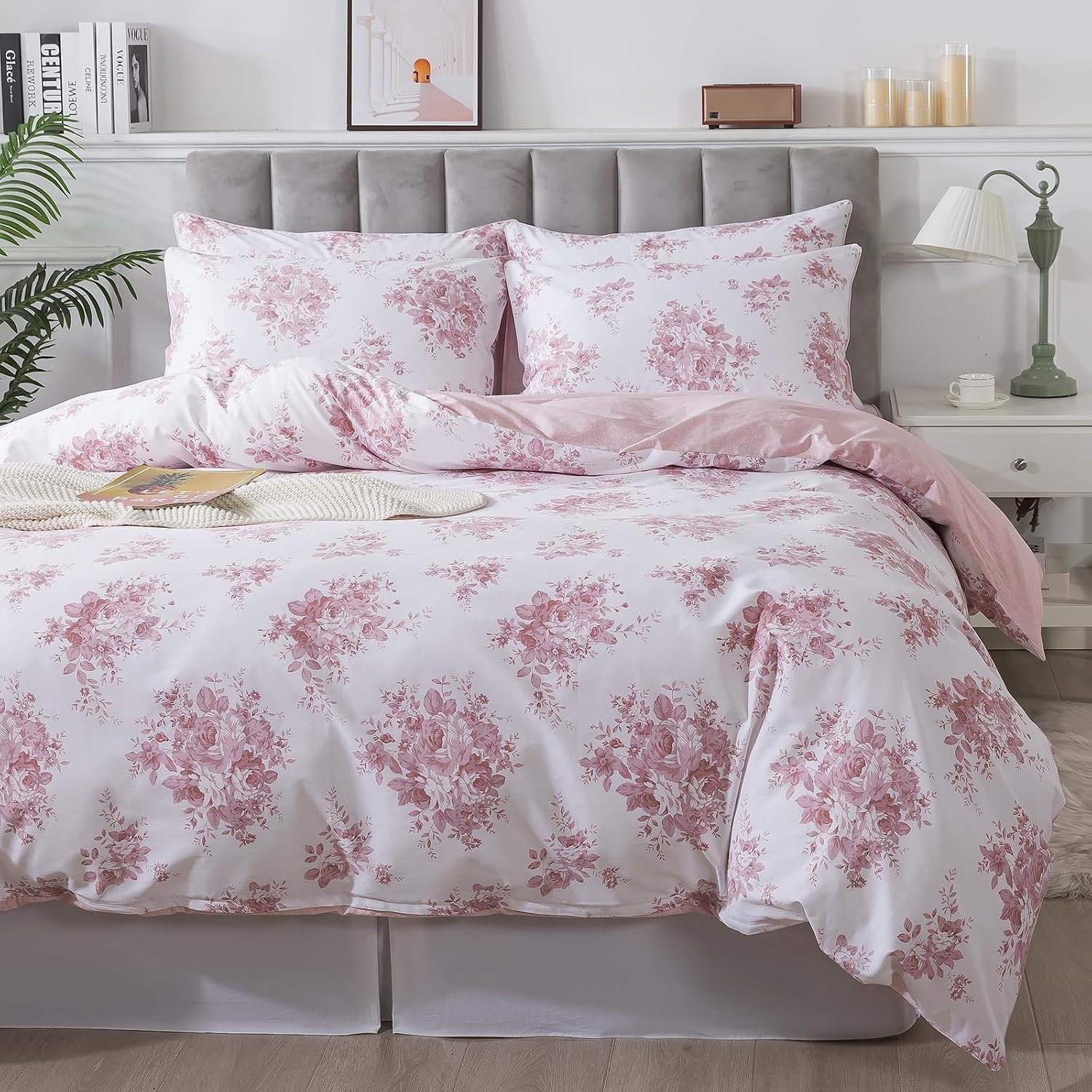 FADFAY Pink Rose Floral Duvet Cover Sets Twin 100% Cotton Reversible Blush Comforter Cover Luxury Shabby Vintage Bedding All Season Soft Crisp Coquette Cottagecore Bedding with Zipper 3Pcs
