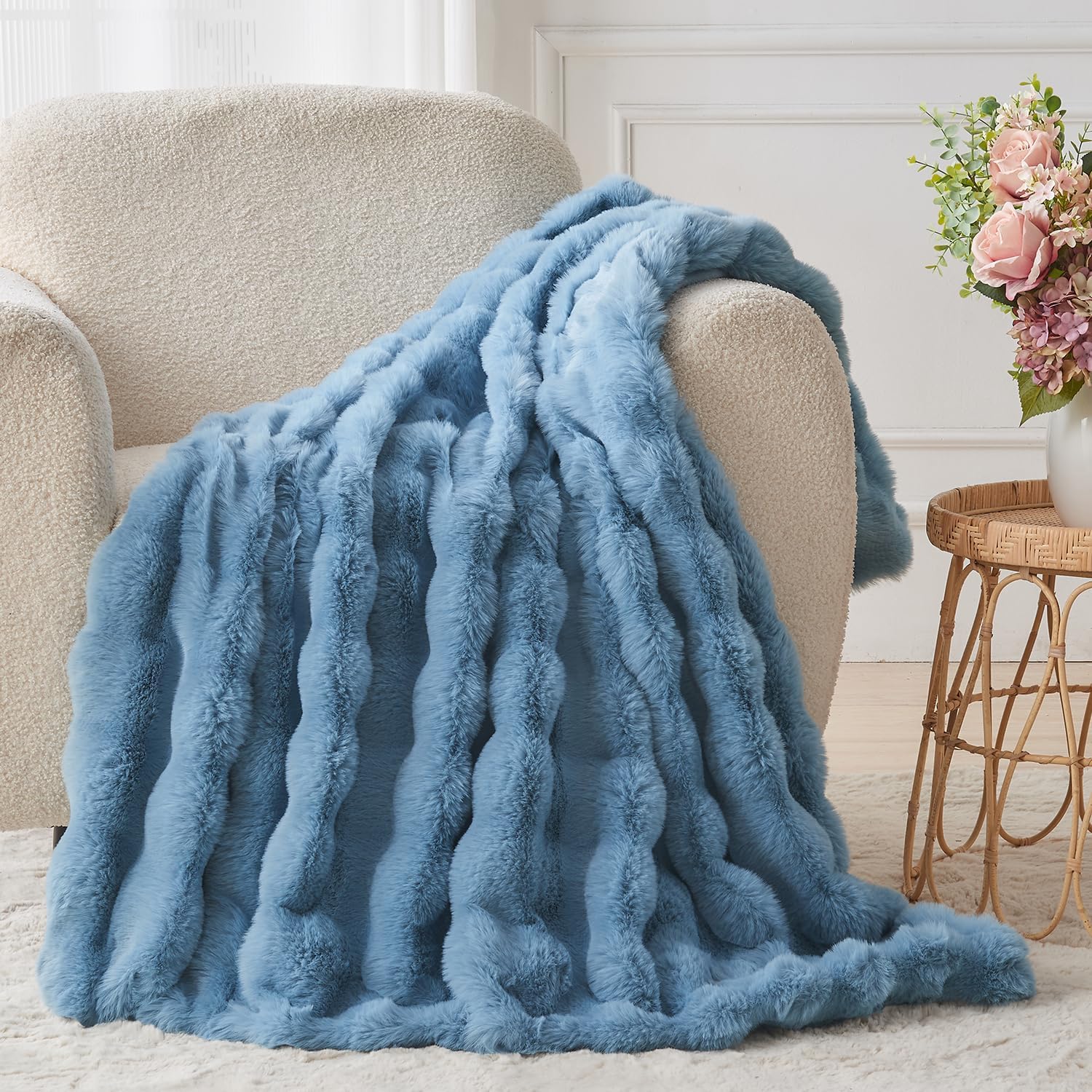 Lotus Karen Fuzzy Throw Blanket Blue - Big Bubble Faux Rabbit Fur Blanket for CouchSoftest Cozy Fluffy BlanketThick Furry Plush Shaggy Warm Blankets for Women50x60 Inches