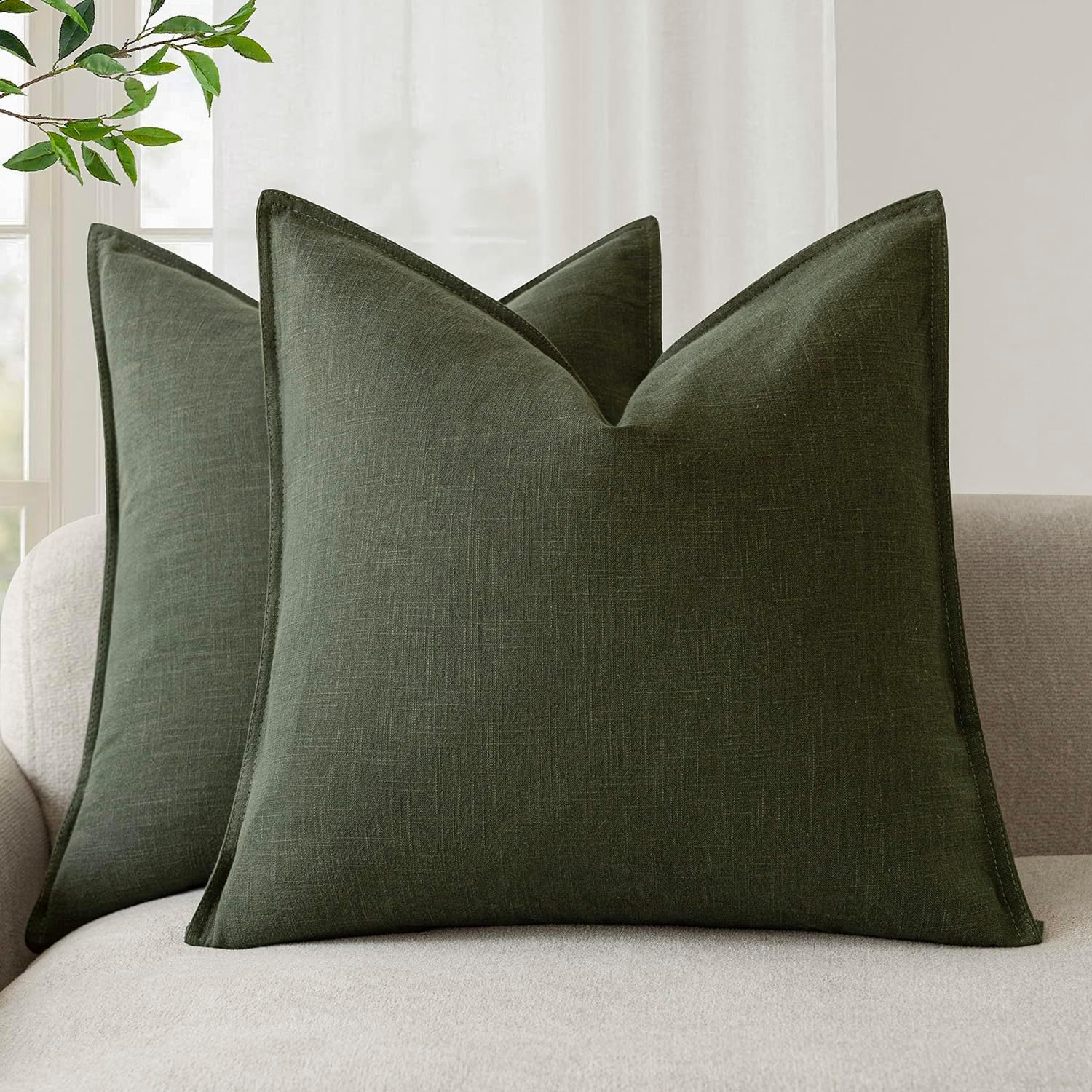 Foindtower Linen Solid Decorative Throw Pillow Cover 18x18 Inch Dark Green