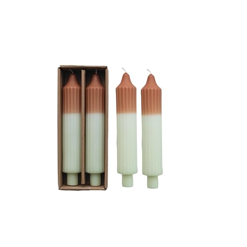 Creative Co-Op Two-Tone Pleated Taper Candles in Box Camel Color Set of 2