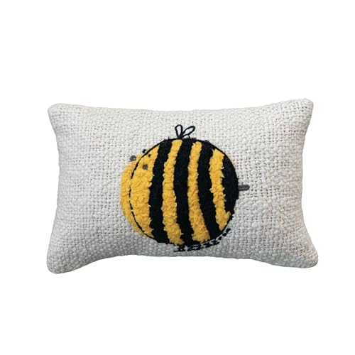 Creative Co-Op Woven Cotton Lumbar Pillow with Embroidered Bee Design White and Yellow