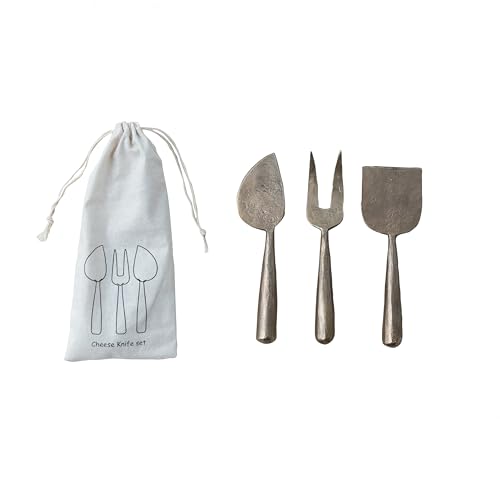 Creative Co-Op Artisan Cheese Server Set on a Drawstring Bag Antique Gold Set of 3