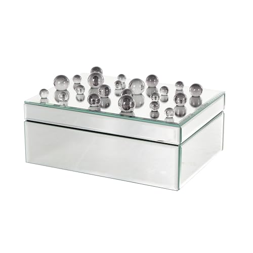 Deco 79 Glass Decorative Jewelry Box Mirrored Jewelry Organizer with Black Bubble Textured Balls Jewelry Holder 10 x 7 x 5 Silver
