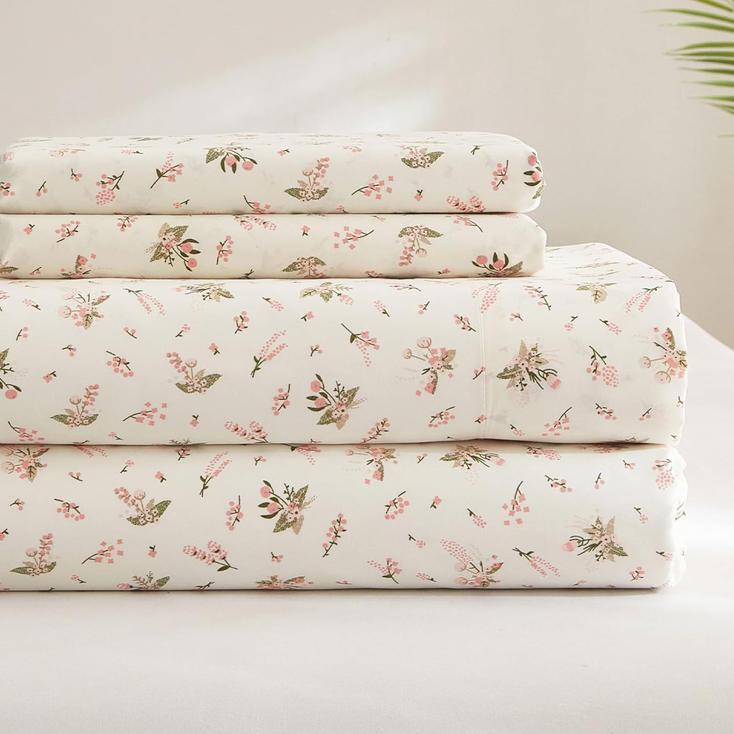 HighBuy Pink Floral Sheet Full Size Bed Sheets Set White - 4 Piece Extra Deep Pocket Full Pink Floral Bed Sheets - Cooling Soft Sheet & Pillowcase Sets Full SizeFloral Bed Sheet Set