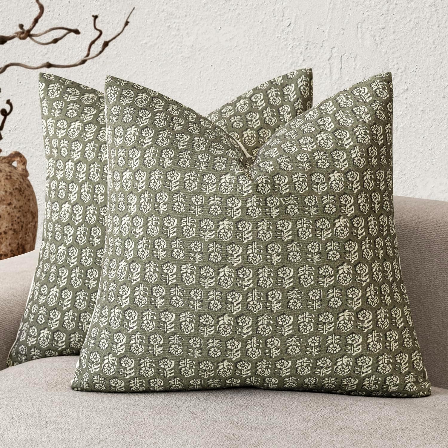 Foindtower Decorative Floral Print Throw Pillow Covers 18×18 Sage Green