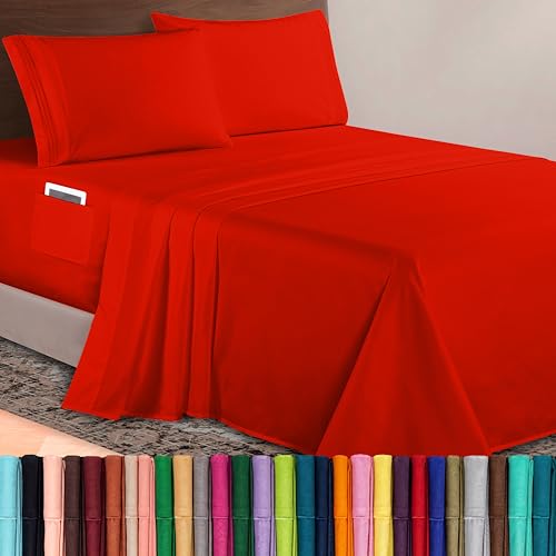 Elegant Comfort Luxurious 1500 Premium Hotel Quality Microfiber 4-Piece Sheet Set 18-24 Inches Deep - Extra Deep Pocket Sheets - Ultra Soft 4PC Deep Pocket Sheets Queen Red