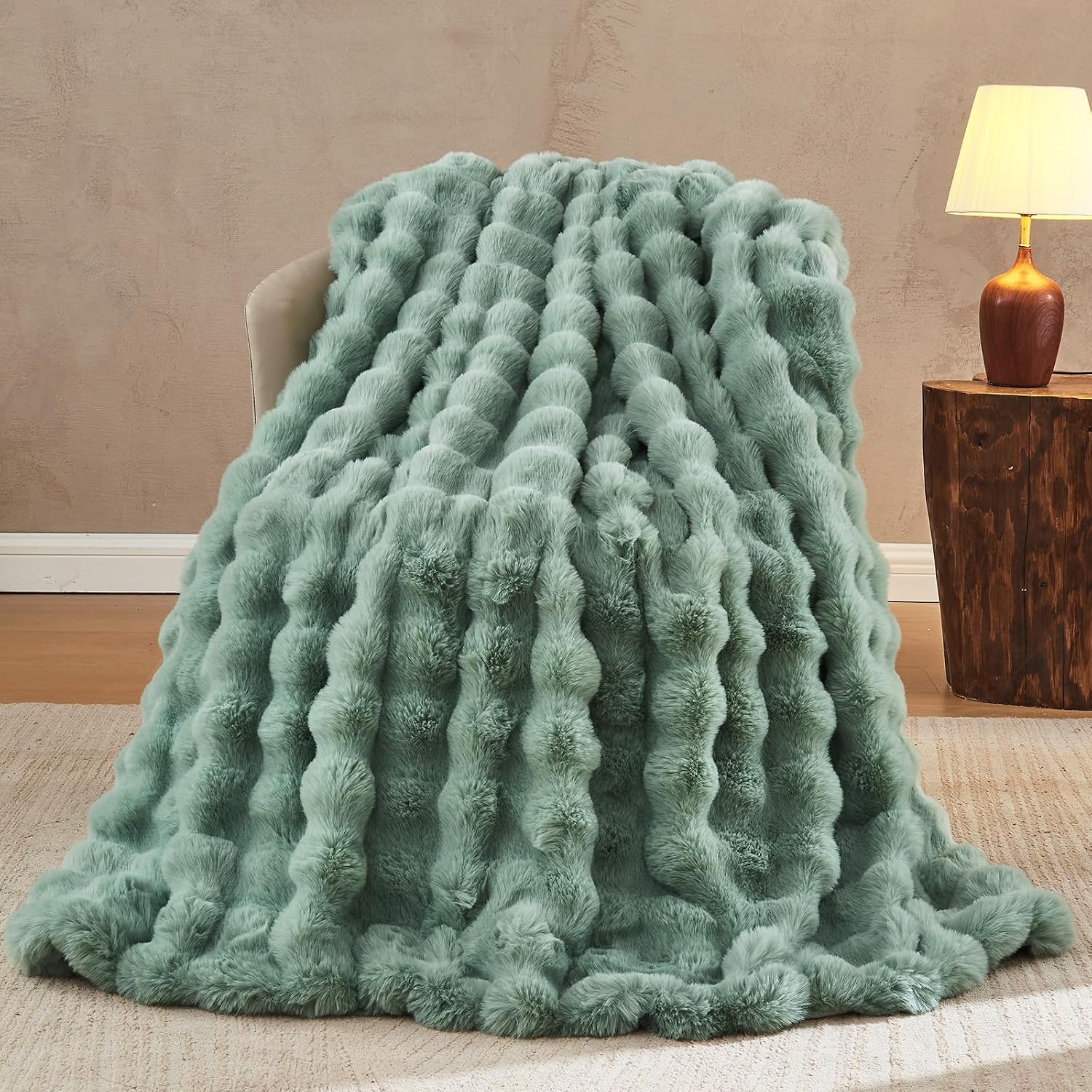 Lotus Karen Faux Fur Throw Blanket Sage Green - Big Bubble Rabbit Fluff Blanket for Couch Bed SofaSoftest Fluffy Fuzzy Cozy Blanket Plush Thick Furry Shaggy Warm Blankets for Women50x60 Inches