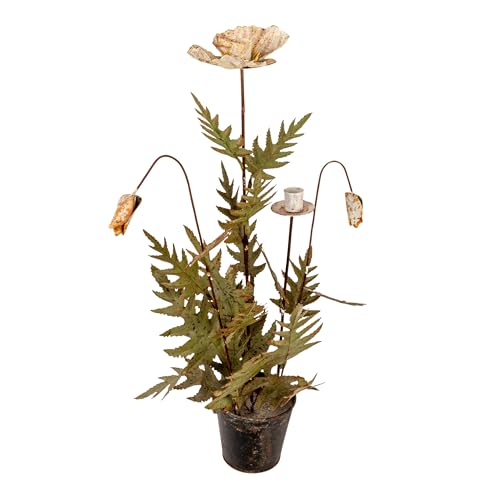 Creative Co-Op Metal Poppy Flower Candle Holder in Cement Pot Distressed White and Green
